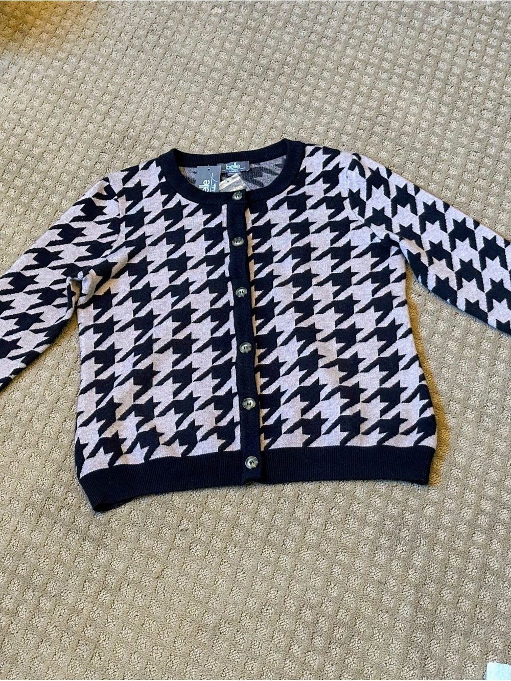 Classic Houndstooth Crewneck Cardigan - Black & Light beige